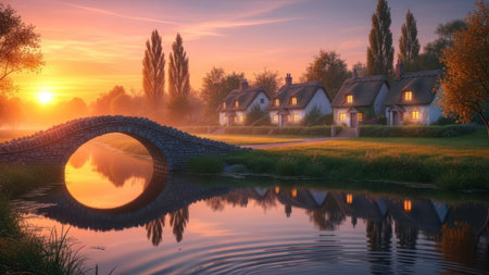A charming village scene unfolds during a vibrant sunset. The composition features a stone bridge arching over calm water. Houses with lighted windows are nestled amongst trees. The warm light creates a peaceful and inviting atmosphere that embodies a rural aesthetic.の素材