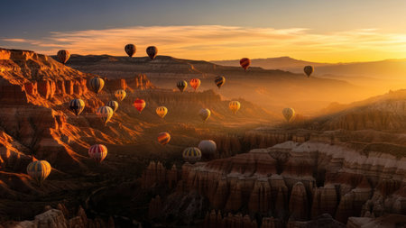 Numerous hot air balloons drift above a rugged canyon landscape illuminated by the warm light of sunrise. The scene features soft textures and a color palette of orange, yellow, and brown, with long shadows. The composition captures the vastness of the natural environment, during the golden hour.の素材