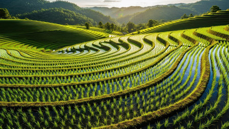The image features lush green rice terraces carved into the hills. Sunlight casts shadows enhancing the depth and texture of the landscape. The photograph employs a wide angle showcasing the layers of farmland. The overall composition shows a natural outdoor environment.の素材
