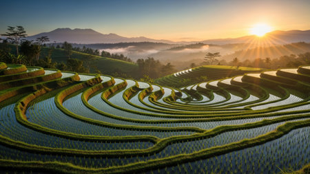 The image captures a beautiful landscape of rice terraces at sunset. The terraces are filled with water, reflecting the golden light of the setting sun. Green fields and mountains are in the background, with a hazy atmosphere adding depth to the scene. The warm colors create a peaceful ambiance.の素材