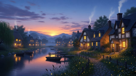 An evening landscape depicts cottages near a river with warm lights emanating from windows. The sunset bathes the scene in hues of orange and purple. A small boat sits at a dock along the water with silhouettes of trees in the background, creating a peaceful ambiance.の素材