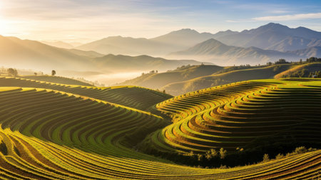 The image showcases a scenic landscape of rolling hills bathed in warm, golden sunlight. The terraced fields create repeating lines and patterns. Subtle shadows and soft textures add depth. The overall composition suggests a tranquil, natural environment during the day.の素材