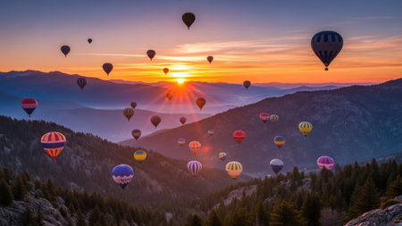 Numerous hot air balloons ascend over a vast mountain range. The balloons feature various colors and patterns. The sunset casts a warm glow, creating a stunning visual display. Mountains are silhouetted against the bright sky, enhancing the scene's beauty.の素材
