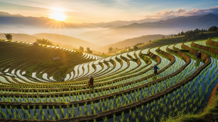 The image showcases rice terraces on a hillside. The fields are filled with water reflecting the sky. The warm sunlight bathes the landscape in a golden glow. The composition features layers and patterns creating a sense of depth and perspective.の素材