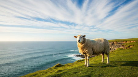 A sheep stands on a green grassy hill beside the vast ocean under a blue sky with streaky clouds. The composition has soft lighting and a wide angle. The sheep is the main subject in a natural outdoor setting, with sunlight and a calm environment.の素材