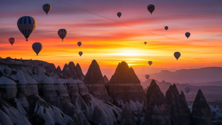 Hot air balloons ascend over a mountain landscape. The sky displays a vibrant sunset with shades of orange and red. Dark, silhouetted rock formations are visible. The scene evokes a sense of travel, exploration, and adventure. Lighting creates a dramatic and beautiful landscape.の素材