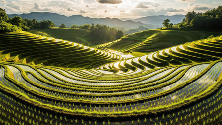 The image showcases vibrant green rice terraces cascading across rolling hills under a bright sun. The landscape features a harmonious interplay of light and shadow, highlighting the textured layers. Distant mountains provide a scenic backdrop with the overall scene reflecting a natural environment.の素材