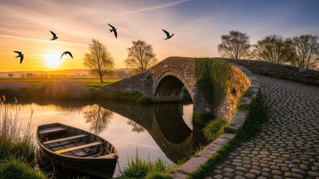 A stone bridge arches gracefully over calm water, reflecting the warm hues of a sunset. Birds soar across the sky. A small boat rests near the water's edge. The scene has a serene mood, with a focus on natural light and outdoor environment.の素材