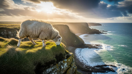 A sheep is seen grazing on a grassy cliff. The image captures the animal against the backdrop of an ocean and coastline under a bright sky. The scene is illuminated by natural light, which enhances the colors of the landscape. The image evokes a sense of tranquility.の素材