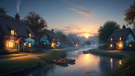 An evening landscape depicts cottages beside a calm river with boats. The scene features warm interior lights contrasting with the cool, misty atmosphere. The composition includes a soft, blurred background with a sunset glow, creating a serene and tranquil environment.の素材