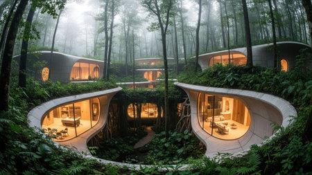 Unique architectural design of modern homes integrated into a green forest. The homes feature curved structures with large windows offering views of the surrounding natural environment. Warm interior lighting contrasts with the cool tones of the foggy forest, creating a captivating scene. This design blends harmoniously with nature.の素材
