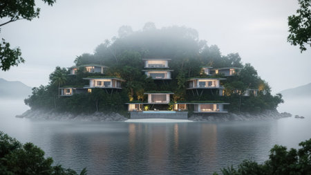 The image features contemporary homes nestled on an island. The scene displays a tranquil lake surrounding the island. The architecture blends with the natural environment. Soft lighting and a misty atmosphere create a serene ambiance. The overall composition evokes a sense of peace.の素材