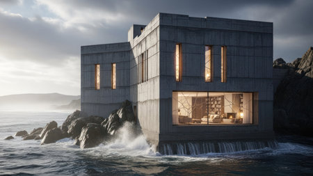 A contemporary concrete structure sits on a rocky shoreline with water crashing against the base. Warm interior lights glow through large windows, contrasting against the cool, moody exterior. The composition features strong architectural lines under a cloudy sky, creating a sense of isolation.の素材