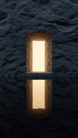 An abstract, geometric structure is featured, possibly a portal or opening, with a reflective surface below. The composition showcases strong vertical lines and a symmetrical design. The lighting emphasizes a sense of depth and mystery with a gradient of dark and light shades.の素材