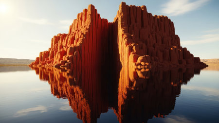 A striking rock formation stands tall, mirrored in the serene water below. The image showcases the natural textures and warm colors of the rock against a clear, blue sky. The composition highlights the symmetry and stillness of the environment, suggesting an outdoor setting during daylight hours.の素材