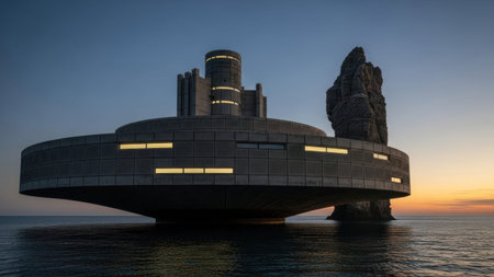 A contemporary structure floats on the water near a large rock formation during a sunset. The architecture features a dark, circular design with illuminated rectangular windows and a central tower. The sky displays vibrant colors, highlighting the natural environment. The image uses a low angle with soft lighting and a calm composition.の素材