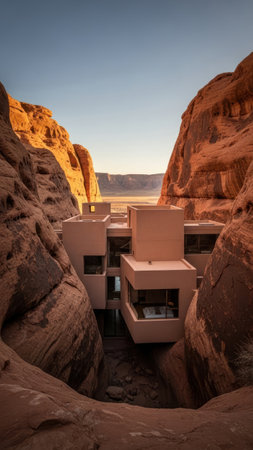 A modern geometric building is nestled between towering sandstone cliffs. The architectural structure features box-like shapes and a minimalist design. Golden sunlight illuminates the scene, enhancing the textures and creating a striking contrast between the building and the natural environment. The composition conveys a sense of harmony between the built environment and the rugged landscape.の素材