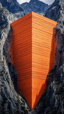 An oversized orange fabric structure is nestled within a dramatic mountain gorge. The artwork features a geometric form with a vibrant orange hue contrasting against the rocky textures. The composition utilizes natural lighting and highlights the interplay between art and the surrounding environment.の素材
