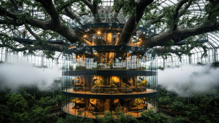 A unique building design features multiple circular levels integrated into a large tree. The structure is enclosed in glass with visible interior lighting and lush greenery. The composition showcases an innovative blend of nature and architecture within an indoor environment.の素材