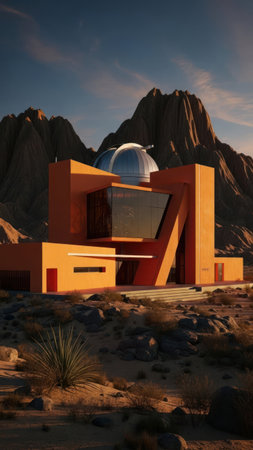 An orange, modern building with a distinctive design sits against a mountainous backdrop. The structure features geometric shapes and a large glass facade. The scene is illuminated by warm lighting, creating shadows and highlighting textures in the surrounding environment.の素材