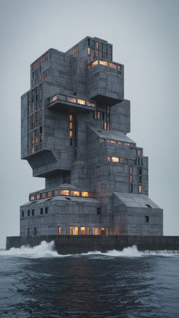 A striking modern building made of concrete stands tall near the water. The structure features a unique geometric design with numerous windows. Warm interior lights contrast against the cool gray tones of the building and the overcast sky, suggesting an outdoor setting.の素材