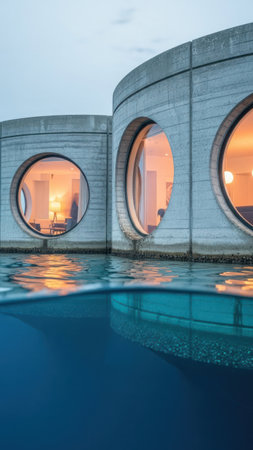 Swimming pool in a luxury hotel at night with reflection in waterの素材