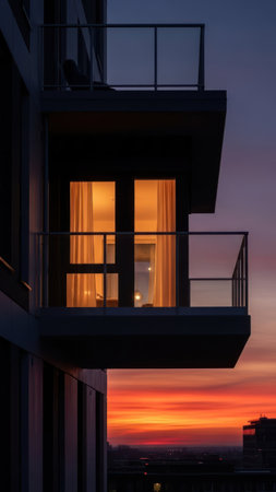 Sunset on a modern apartment building with a balcony and balcony.の素材