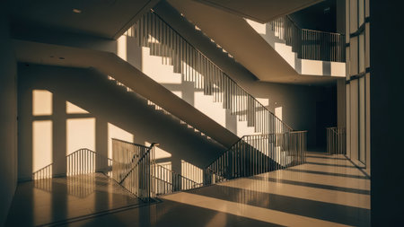 Modern architecture interior with stairs and sunlight. 3d rendering toned imageの素材
