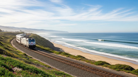 Train on the Atlantic Ocean Coast in Santa Cruz, California, USAの素材