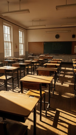 Interior of a school classroom in the evening with desks and chairsの素材
