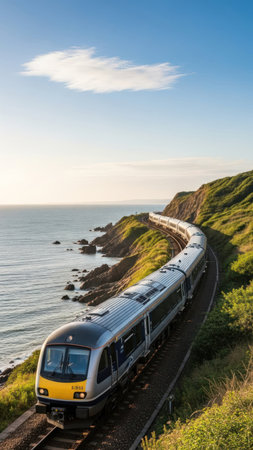 Train running along the coast of the Atlantic ocean in Brittany, Franceの素材