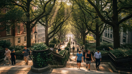 A scenic tree-lined street with people walking on a sunny day, showcasing urban architecture and natural beautyの素材