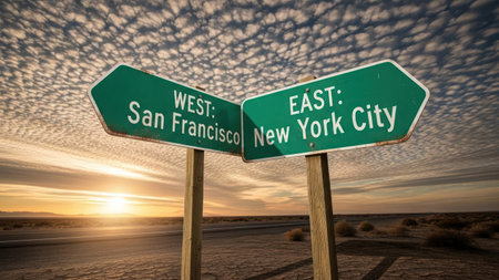 West and South You Only Way Sign with Dramatic Sunset Sky Backgroundの素材