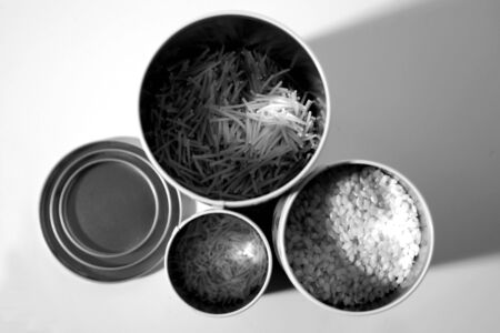 black and white of cooking ingredients: rice and vermicelliの写真素材