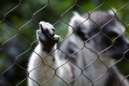 close detail of the hand of a lemur behind the railings