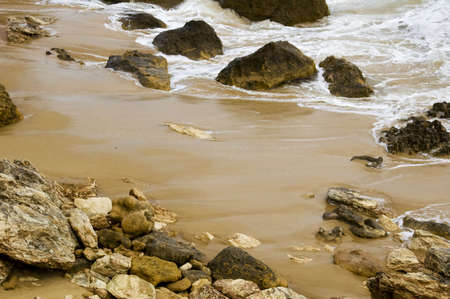 Wet sand and rocks on the beach as a wave subsidesの写真素材