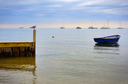 A seagull sits on a post and overlooks a small dinghy on the calm waters の写真素材