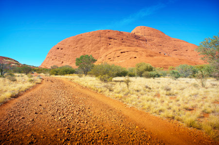 A dirt road leads through the Australian outback towards The Olgas in the Northern Territory.
