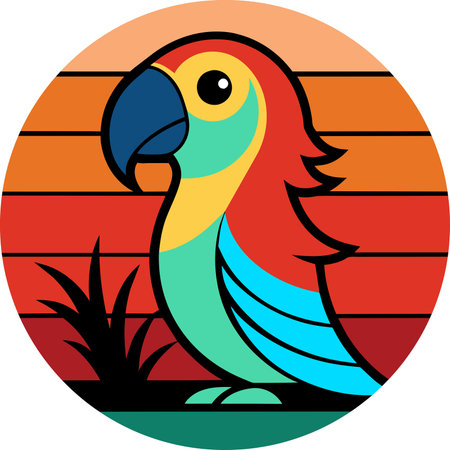 Illustration of a parrot parrot sitting on a sunburst background