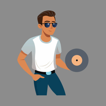 Hipster man with vinyl record. Vector illustration in flat styleのイラスト素材