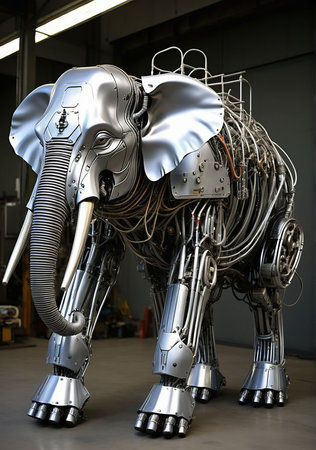 Futuristic metal robot in a factory, closeup of photoの素材