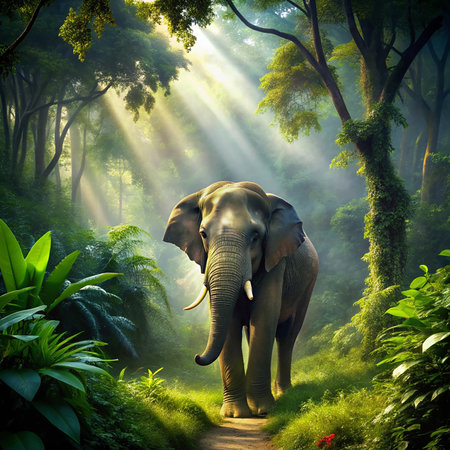 Elephant in jungle with rays of light. 3D rendering.の素材