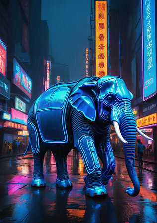 Elephant statue in the street of Seoul, South Korea at nightの素材