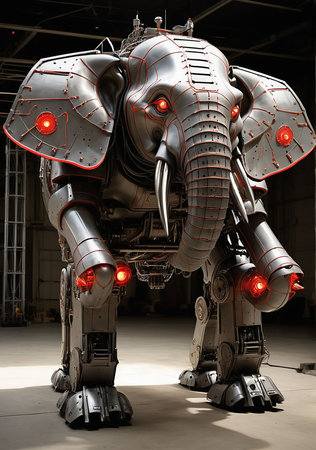 Futuristic robot made of metal and plastic with bright red lightsの素材