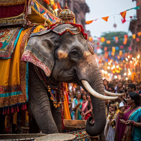 Hindu people and elephants in Kolkata, Indiaの素材