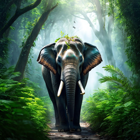 Elephants in the jungle of Sri Lanka. 3d renderingの素材