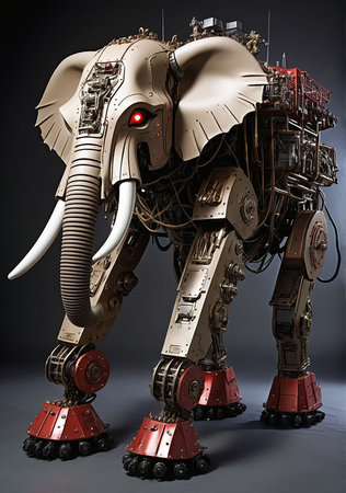 3D rendering of an old robot on a dark background with copy spaceの素材