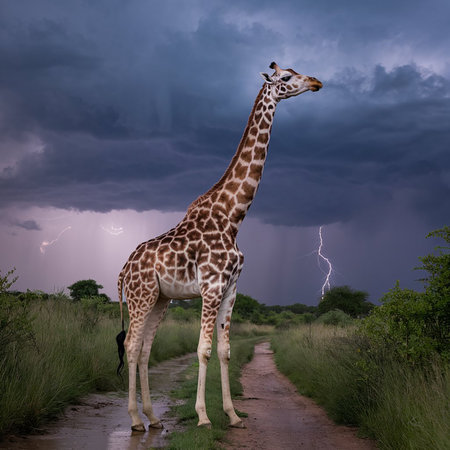 giraffe in the savannah of africa with stormy skyの素材