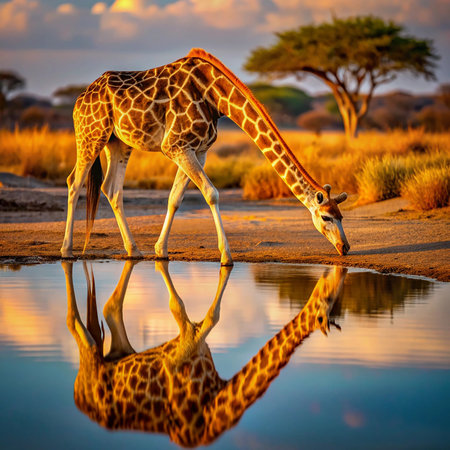 Giraffe at a waterhole in the Etosha National Park, Namibiaの素材