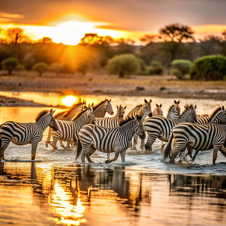 Herd of zebras drinking water at sunset in Chobe National Park, Botswana, Africaの素材